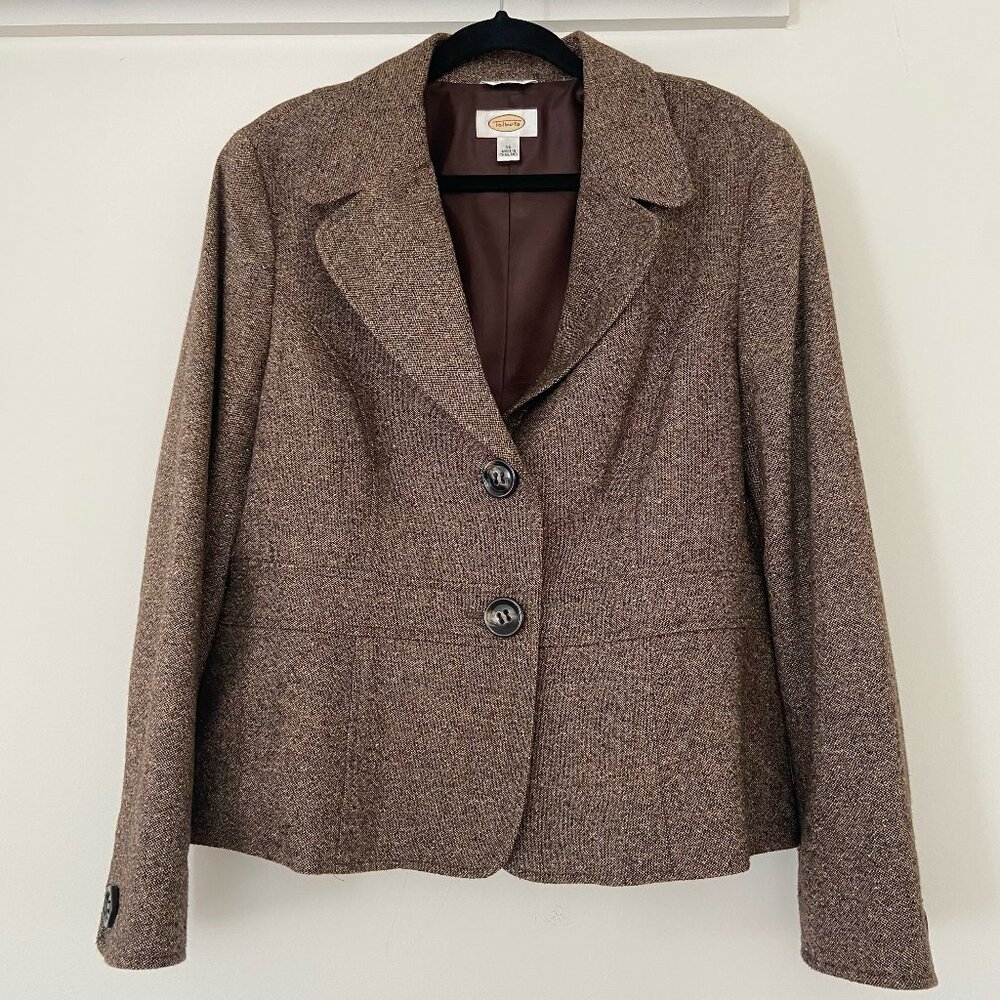 Talbots Blazer Size 16 Brown Tweed Wool Silk Blend Career Business Classy Preppy